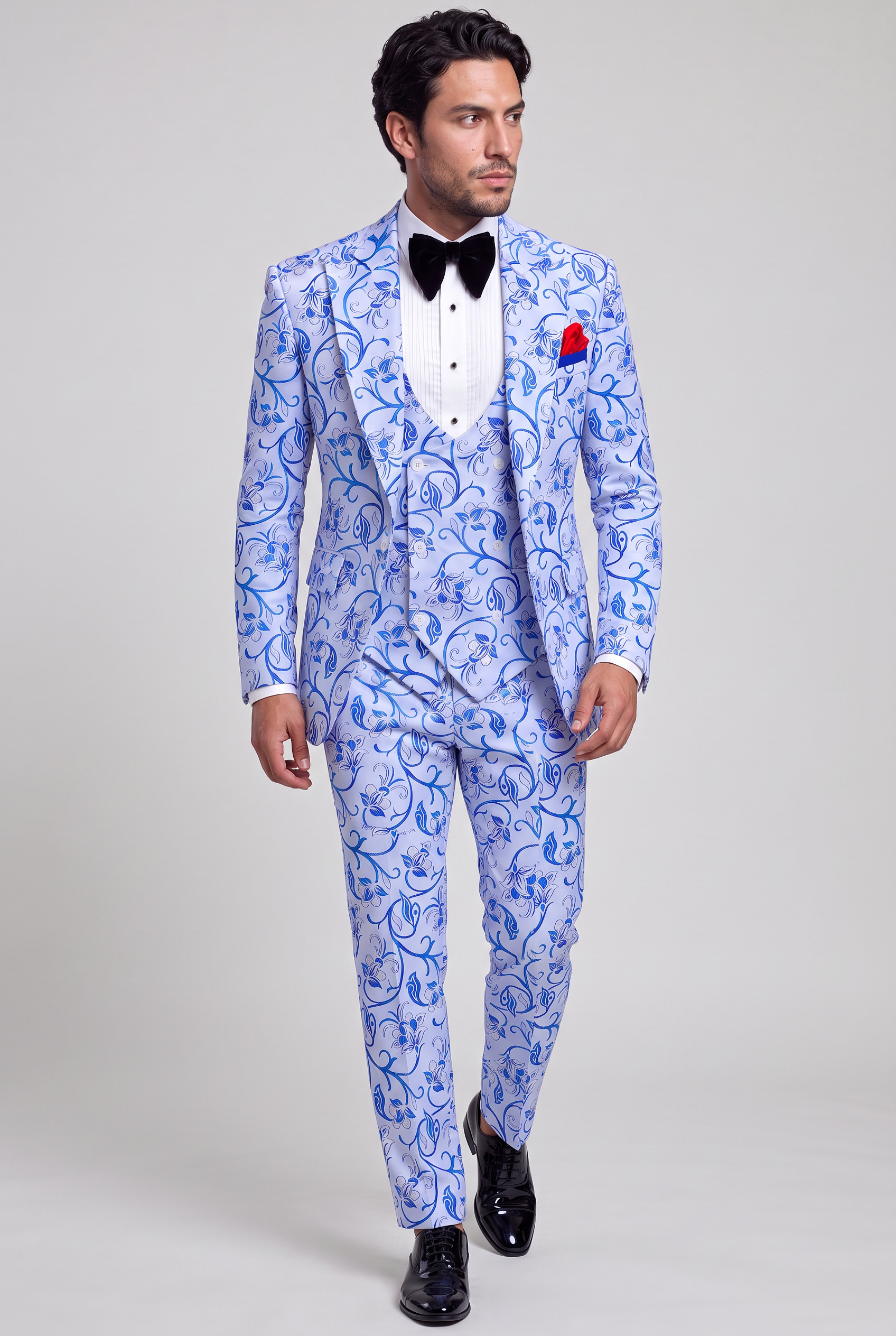 Silver and Blue Suit Matching Trousers Full Body Walking Pose from Gentlemansguru.com