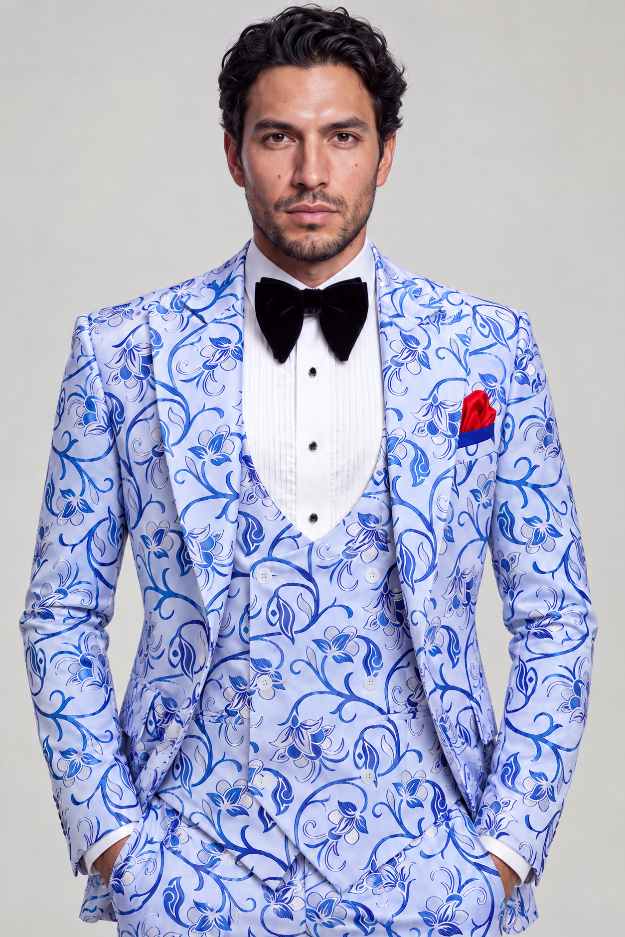 Silver and Blue Suit Matching Trousers Jacket Length Portrait from Gentlemansguru.com