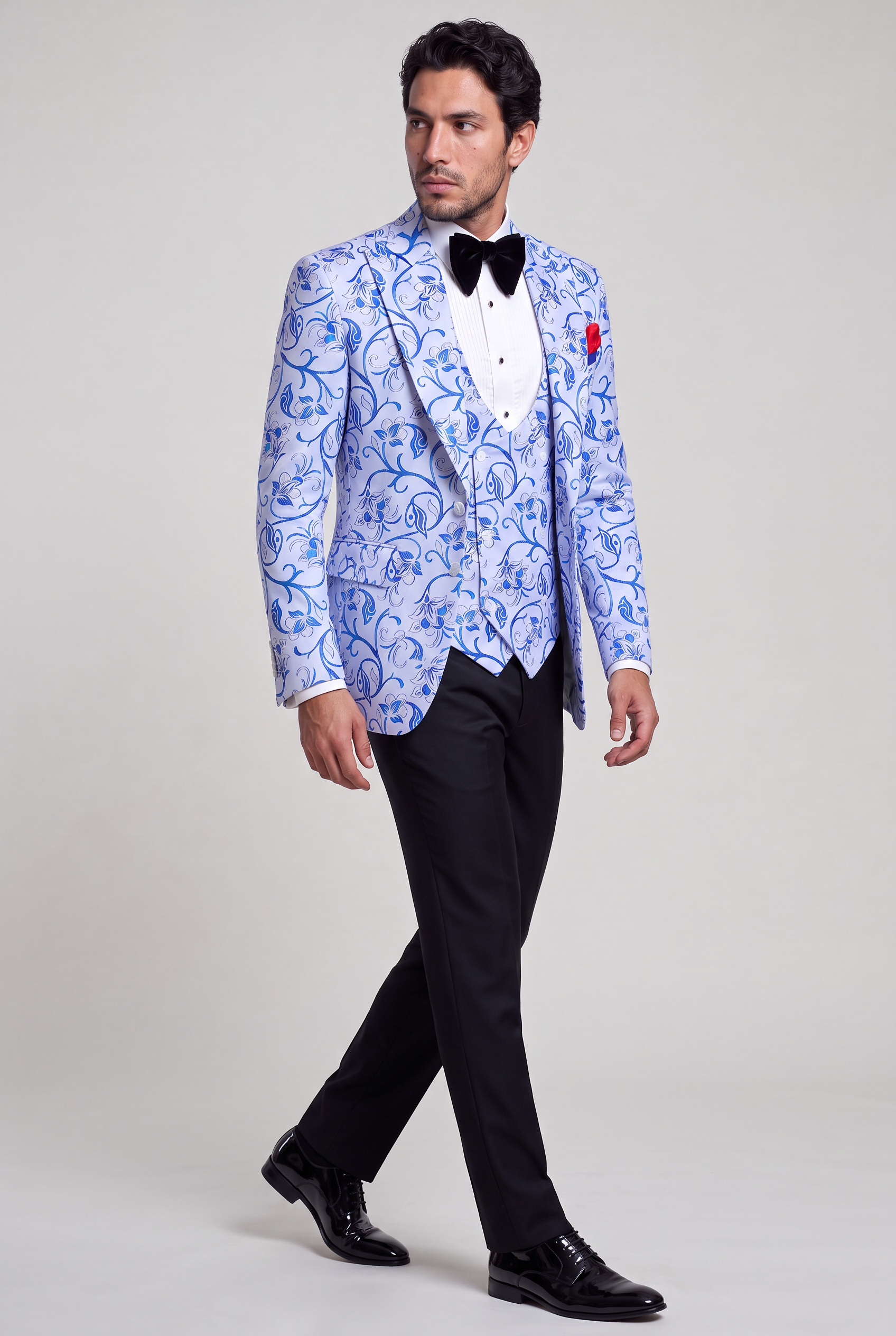 Silver and Blue Suit Solid Black Trousers Full Body Walking Pose from Gentlemansguru.com