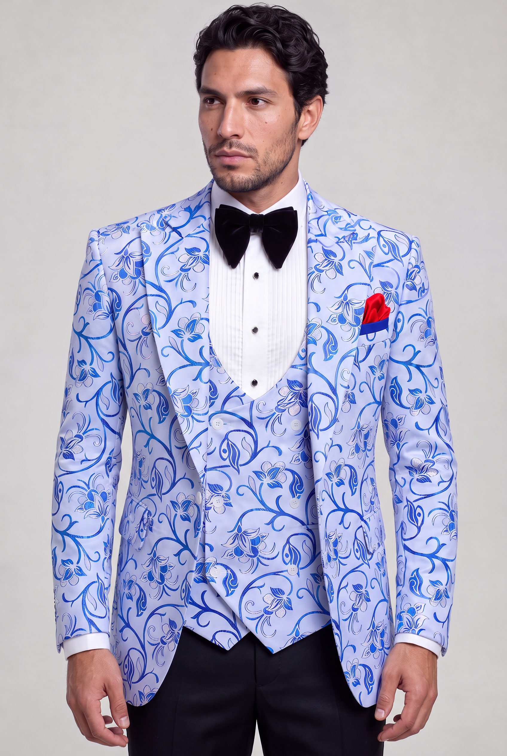 Silver and Blue Suit Solid Black Trousers Jacket Length Portrait from Gentlemansguru.com