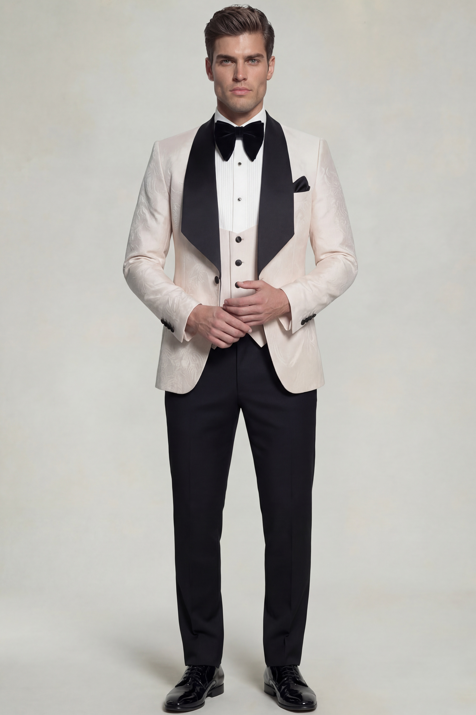 Mens-Black-Shawl-Collar-Beige-Tuxed-Suit-Gala-Suit-from-Gentlemansguru.com