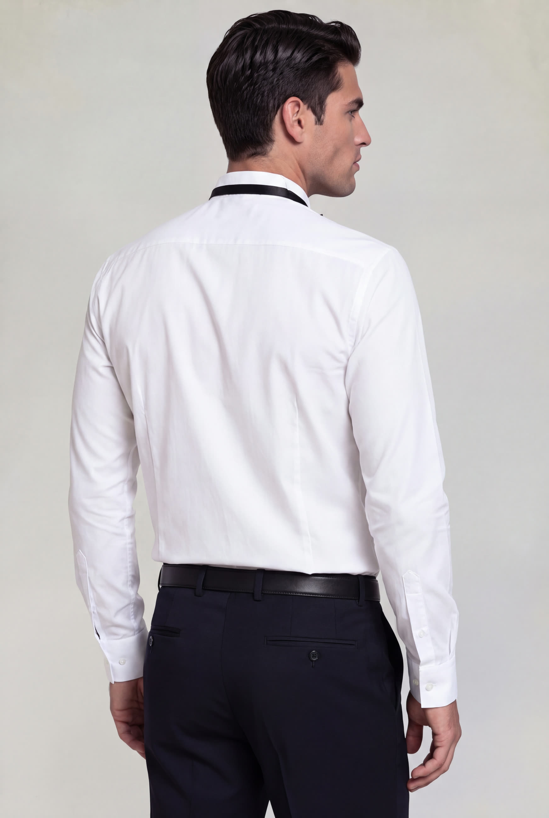 Men's luxury white French cuff tuxedo shirt with black buttons for wedding and formal wear
