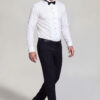 Men's white formal tuxedo shirt with black bow tie, black buttons and French cuffs for weddings and prom