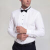 Men's white French cuff tuxedo shirt with black buttons and black bow tie for wedding and formal wear