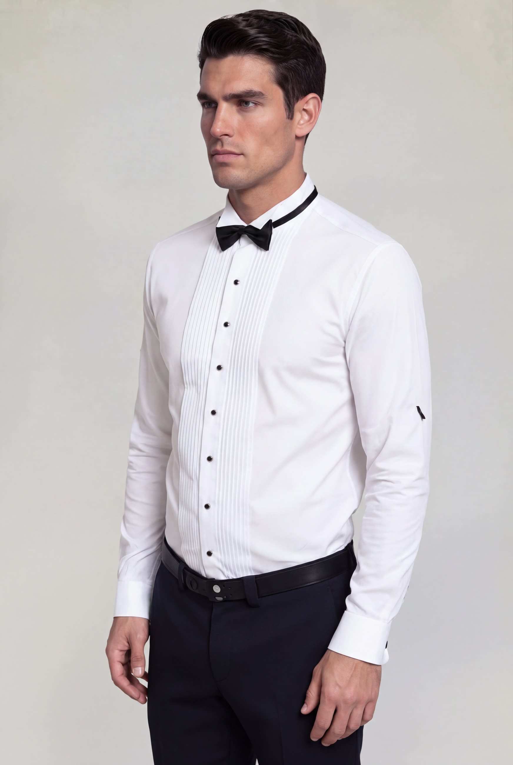 Men's white tuxedo dress shirt with black buttons and French cuffs for weddings, prom and formal occasions