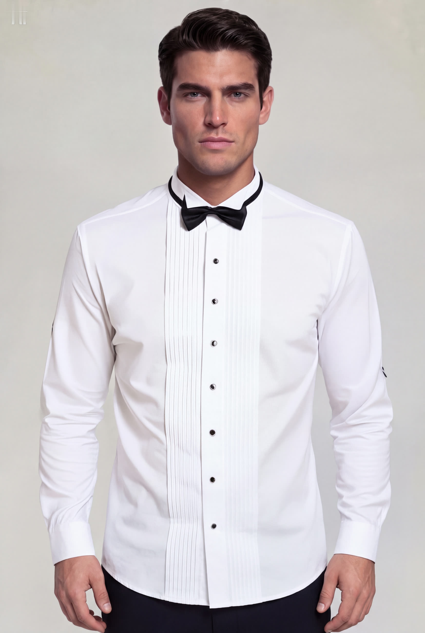 Men's white tuxedo shirt with black buttons and French cuffs for weddings, prom and formal wear from Gentleman's Guru