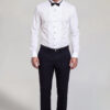 Men's white tuxedo shirt with black buttons, French cuffs and black dress pants for prom and weddings