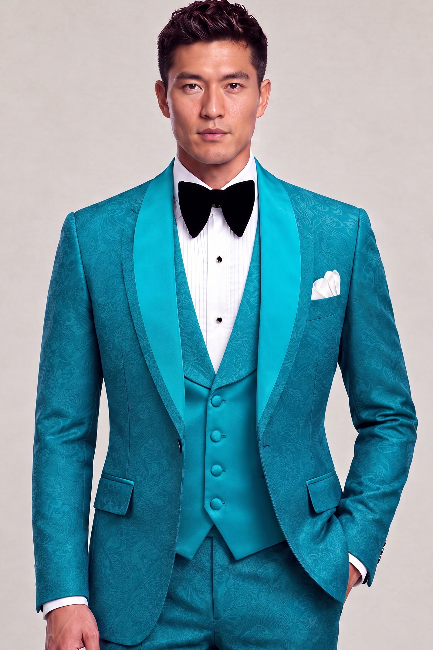 Front portrait of a turquoise blue floral tuxedo with satin shawl lapels and matching trousers