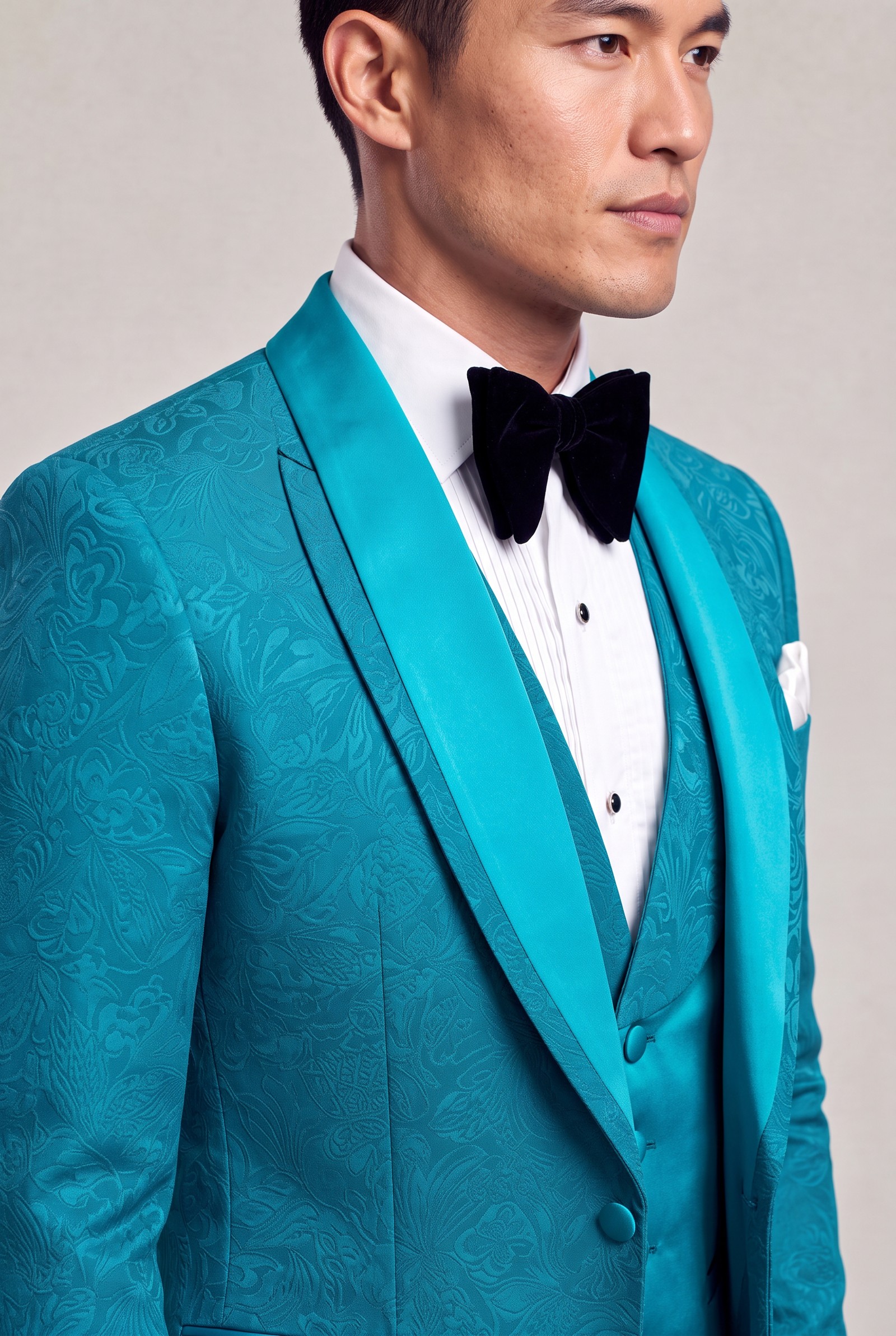 Side-angle close-up of the turquoise shawl lapel, bow tie and white pocket square
