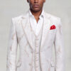 Front portrait of an ivory and rose gold abstract-print tuxedo with matching vest and open-collar white shirt from Gentleman's Guru