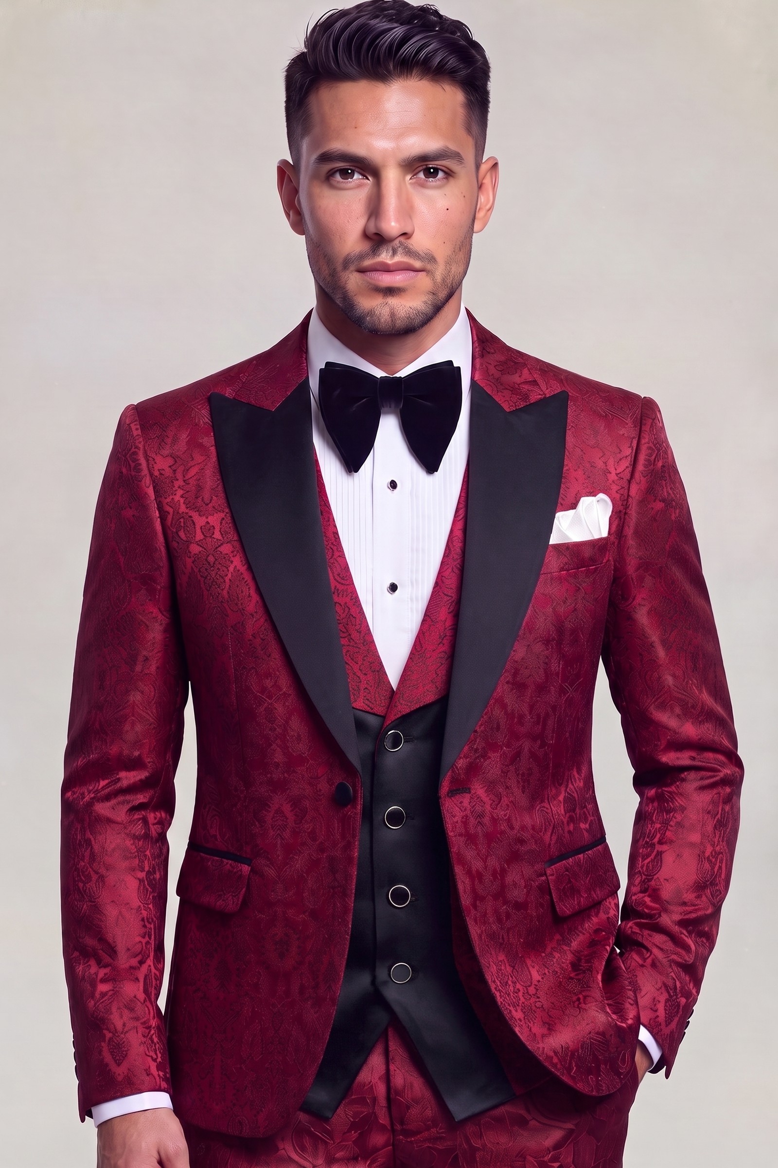 Maroon tuxedo suit with satin peak lapels and matching patterned trousers