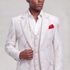 Jacket-length pose showing the pale satin edging and abstract rose gold print with matching vest from Gentleman's Guru