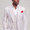 Three-quarter portrait of the rose gold patterned tuxedo with black trousers and red pocket square from Gentleman's Guru