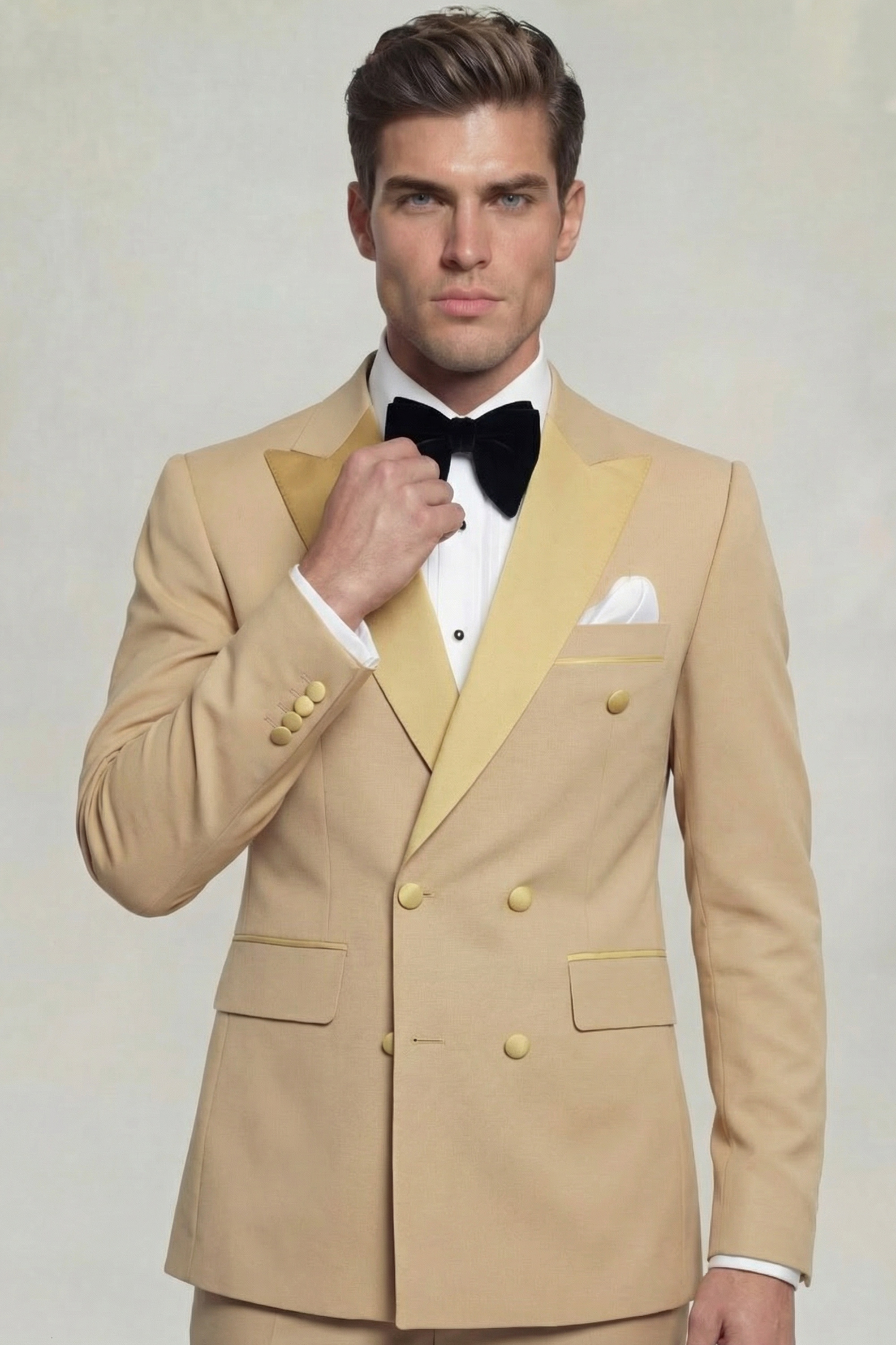 Double-Breasted-Khahki-Tan-Champagne-Tuxedo-Suit-from-Gentlemansguru.com