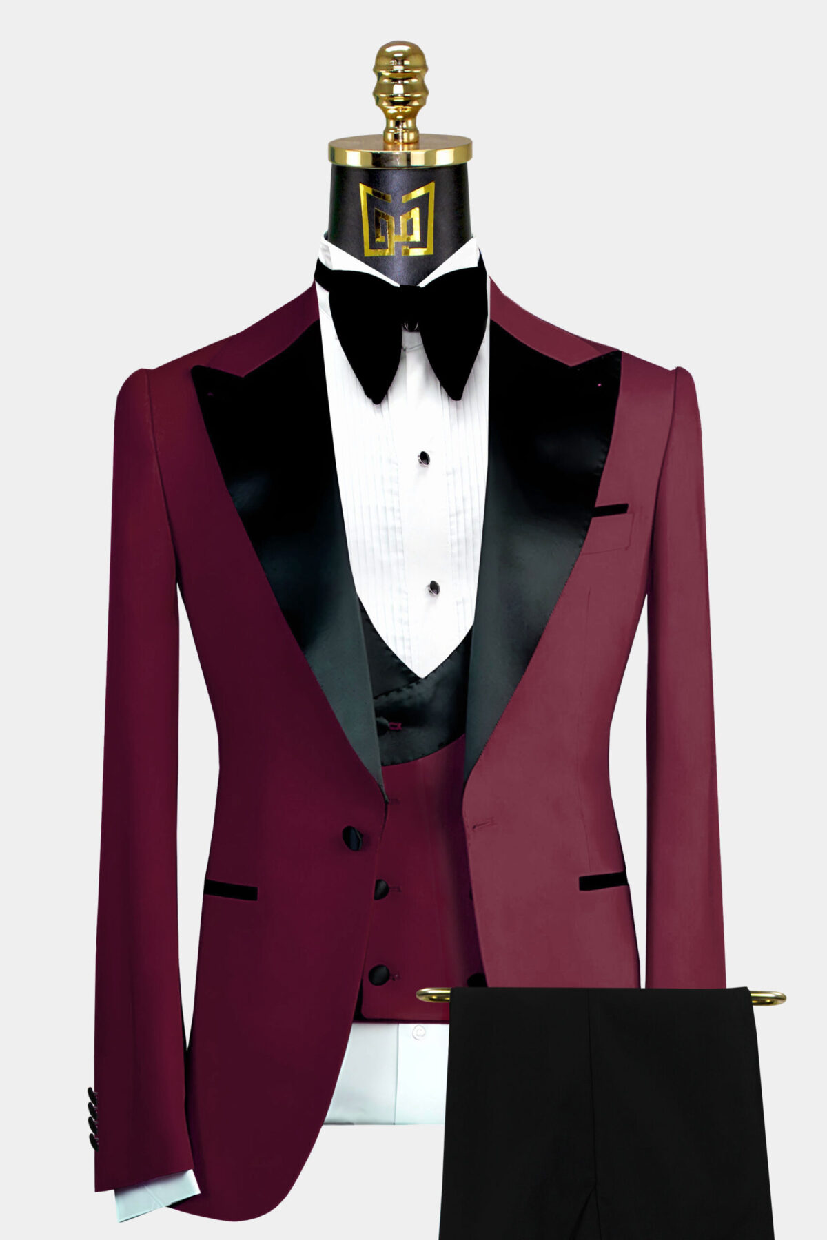 Mens Modern Wool Peak Trim Wedding Tuxedo in Burgundy main image 1