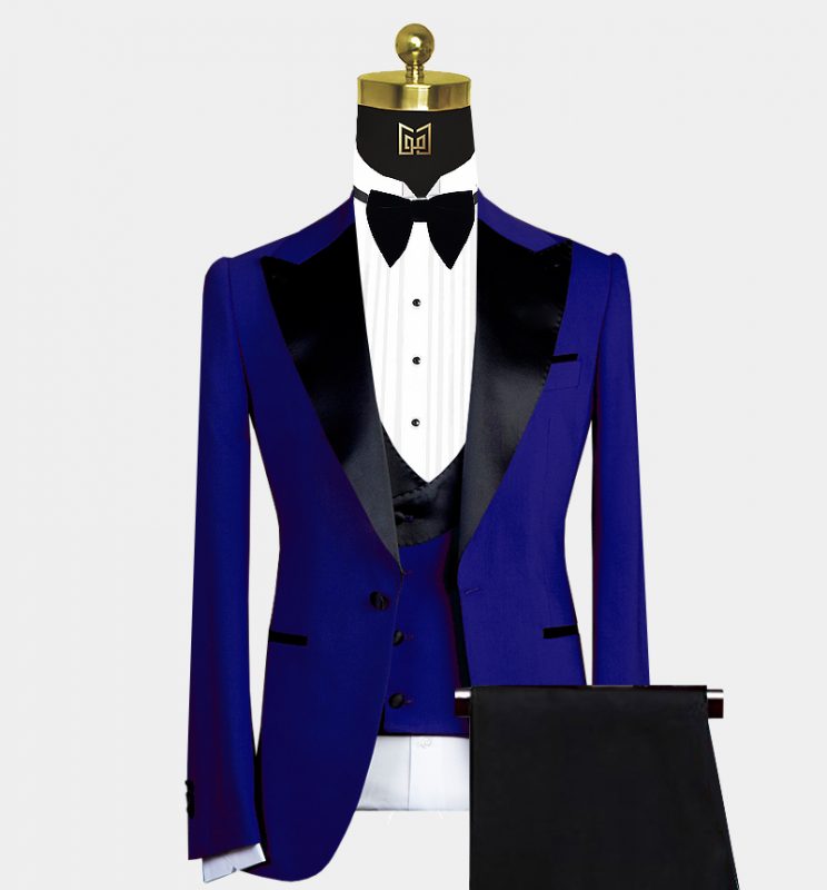 royal blue tuxedo with brown shoes