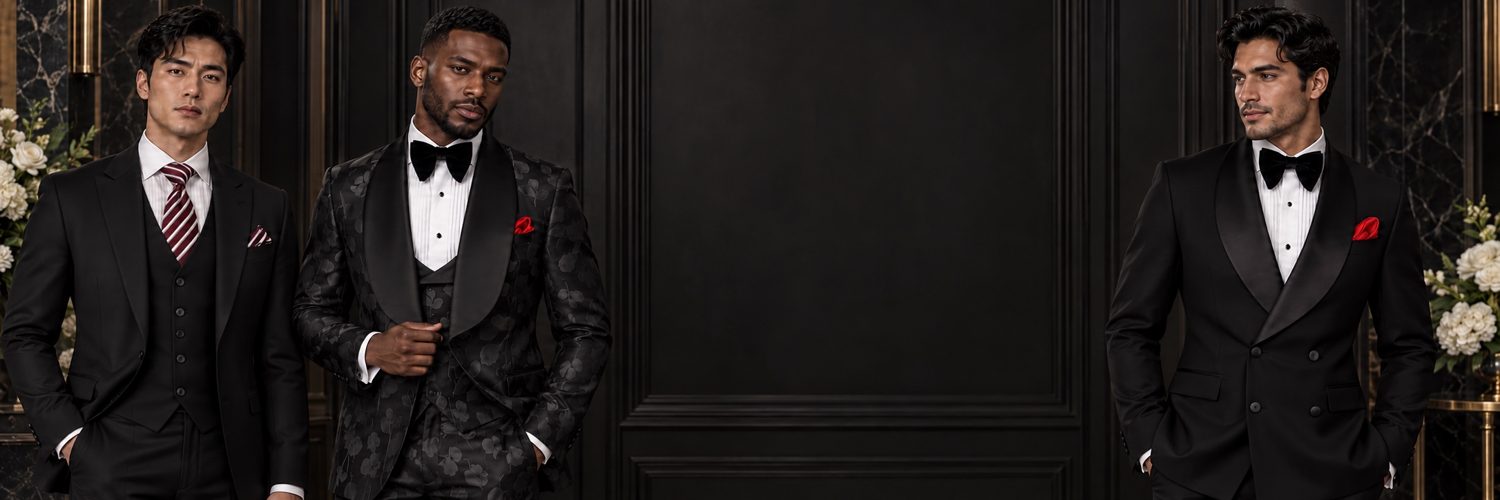 Black Wedding Suits & Tuxedos — Classic, Floral and Double Breasted from Gentlemansguru.com Three men wearing a classic black wedding suit, a black-on-black floral tuxedo and a double-breasted black tuxedo in an ebony-paneled salon from Gentlemansguru.com