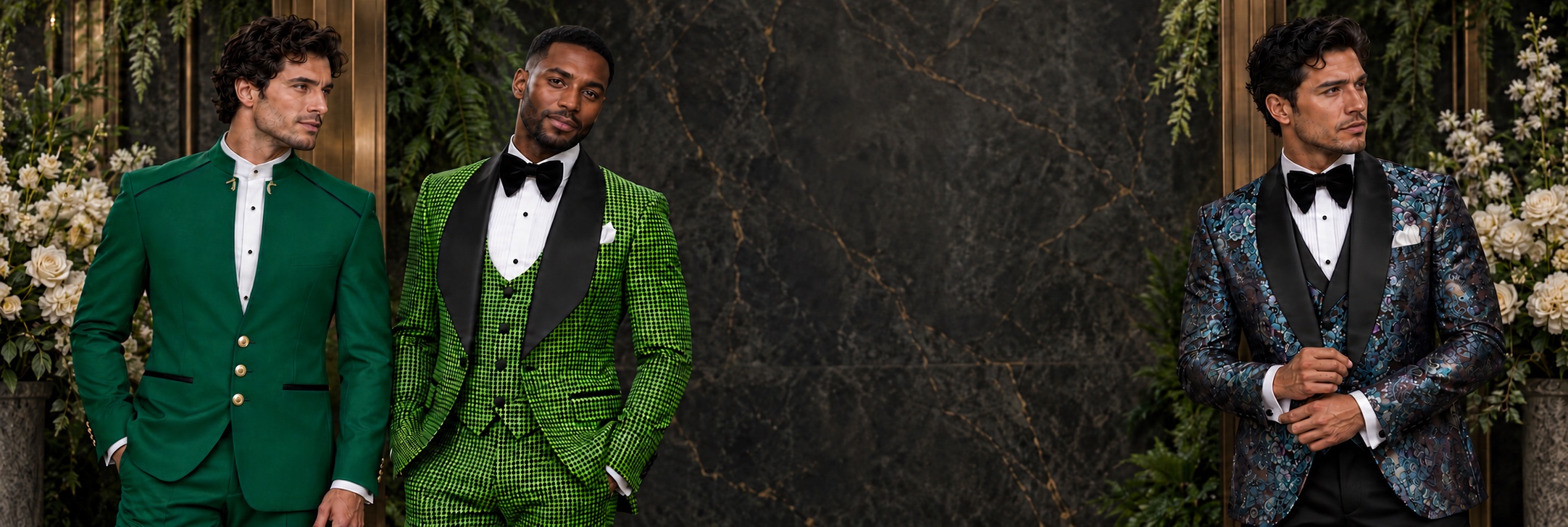 Green Wedding Suits & Groom Tuxedos — Emerald Mandarin, Houndstooth and Teal Florals from Gentlemansguru.com Three men wearing green wedding suits and groom tuxedos in emerald Mandarin, green houndstooth and dark teal floral designs from Gentlemansguru.com