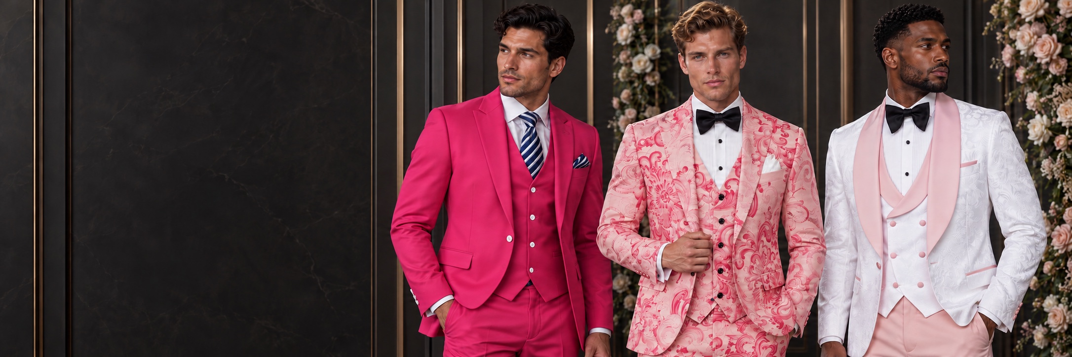 Three men wearing pink wedding suits and groom tuxedos in solid hot pink, pink baroque and white floral designs with blush lapels from Gentlemansguru.com
