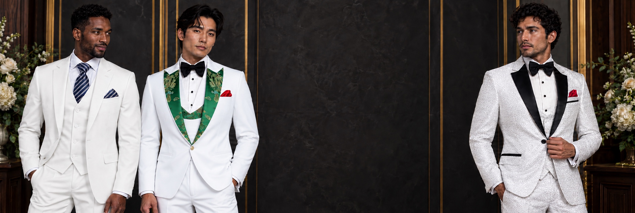 White Wedding Suits & Groom Tuxedos — Classic White, Green Floral Trim and Vintage Jacquard from Gentlemansguru.com Three men wearing white wedding suits and groom tuxedos in classic tailoring, green floral trim and vintage jacquard with black lapels from Gentlemansguru.com