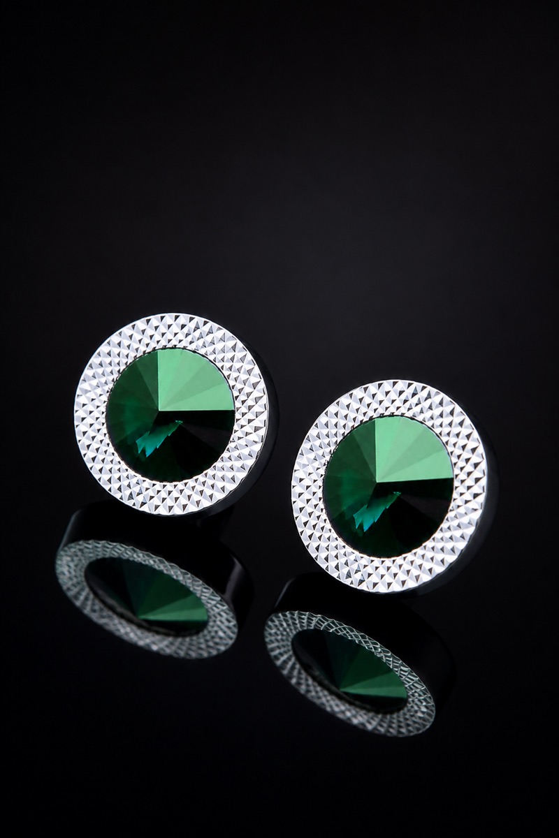 Emerald Green Crystal Silver Cufflinks Black Mirror Studio from Gentlemansguru.com