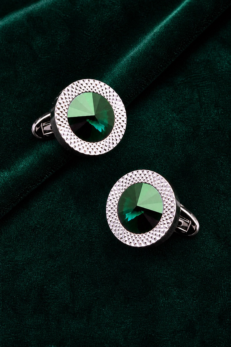 Emerald Green Crystal Silver Cufflinks on Velvet from Gentlemansguru.com
