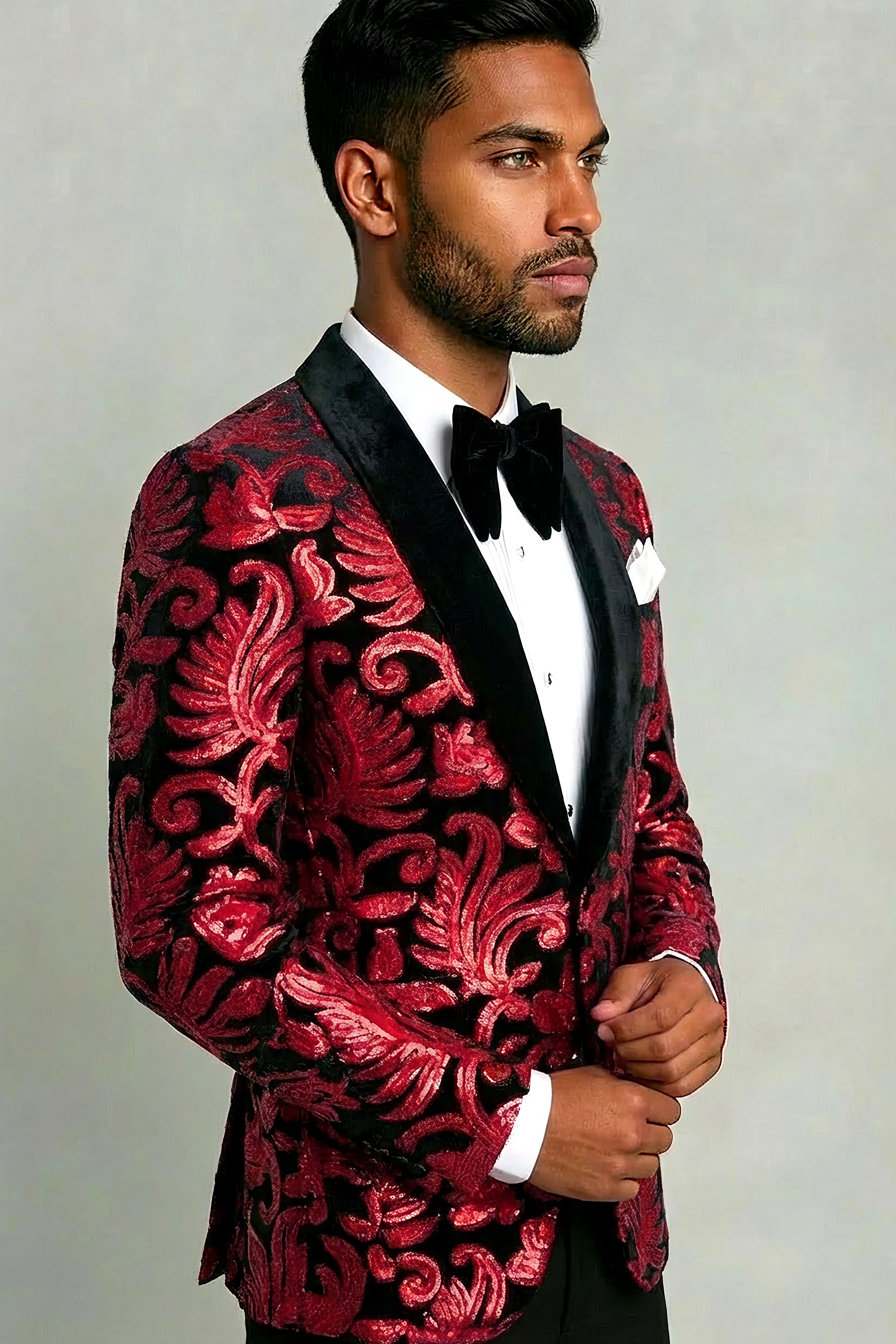 Mens-Black-and-Red-Velvet-Sequin-Tuxedo-Dinner-JAcket-Geroom-Wedding-from-Gentlemansguru.com