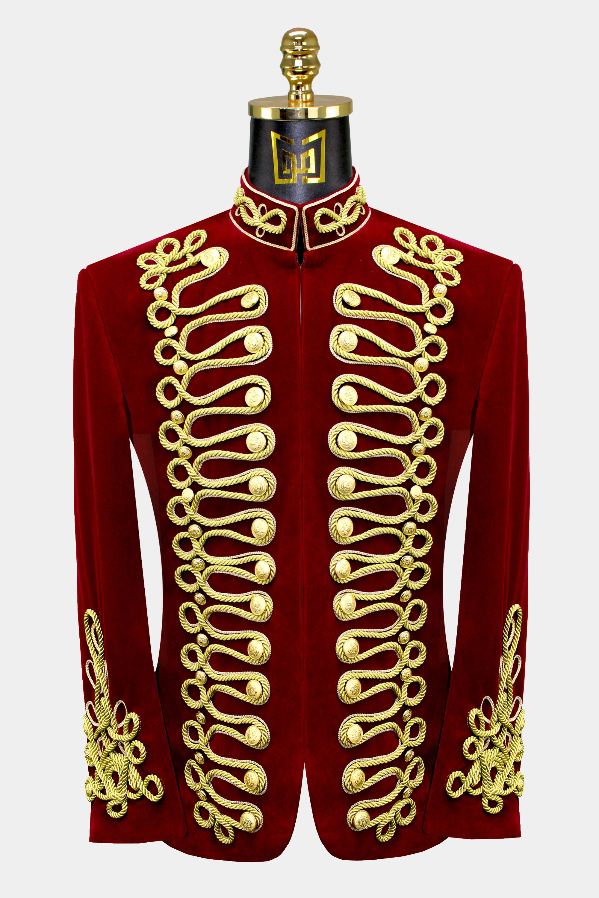 Red & Gold Velvet Embroidered Mandarin Collar Jacket