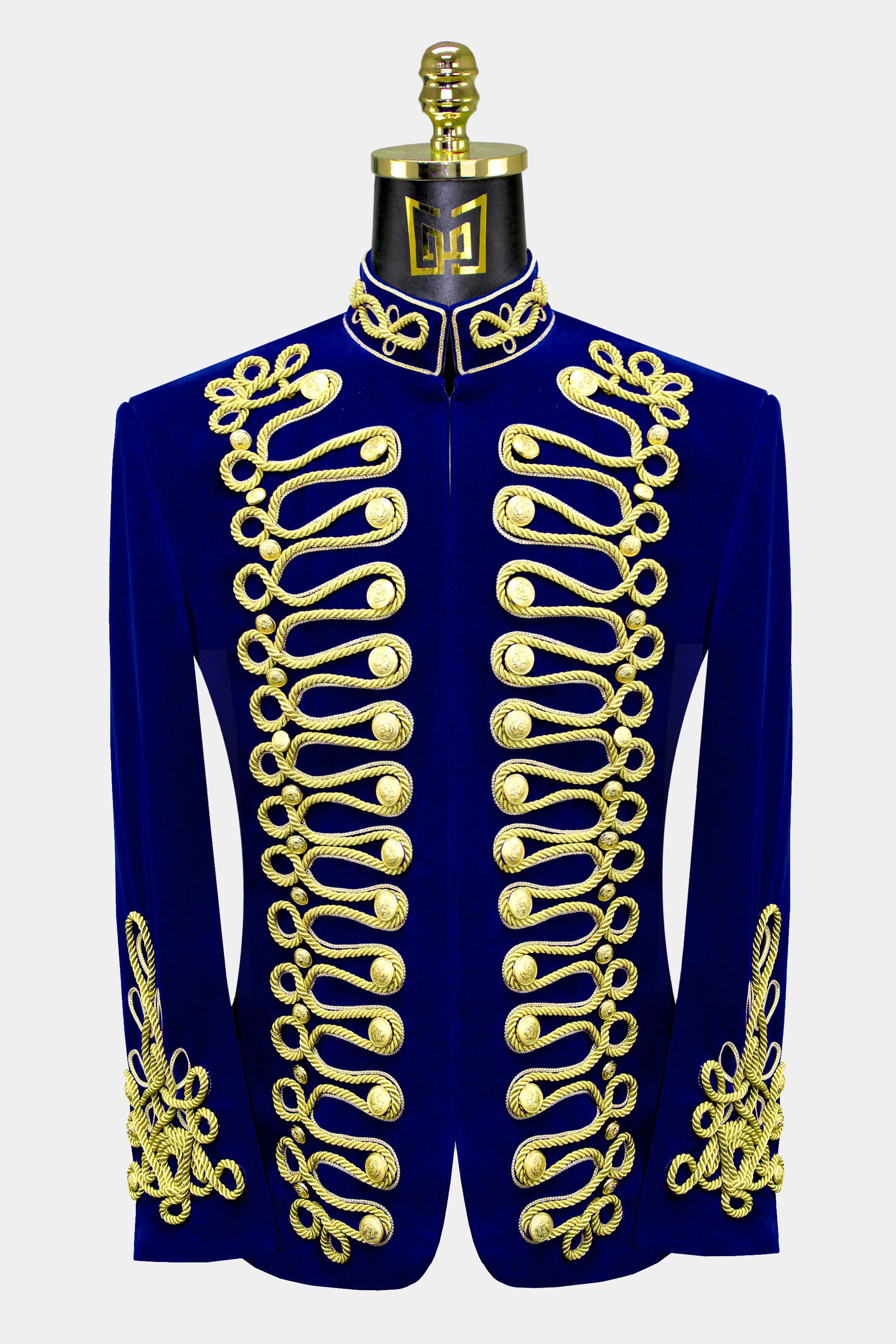 Royal Blue & Gold Velvet Embroidered Mandarin Collar Jacket