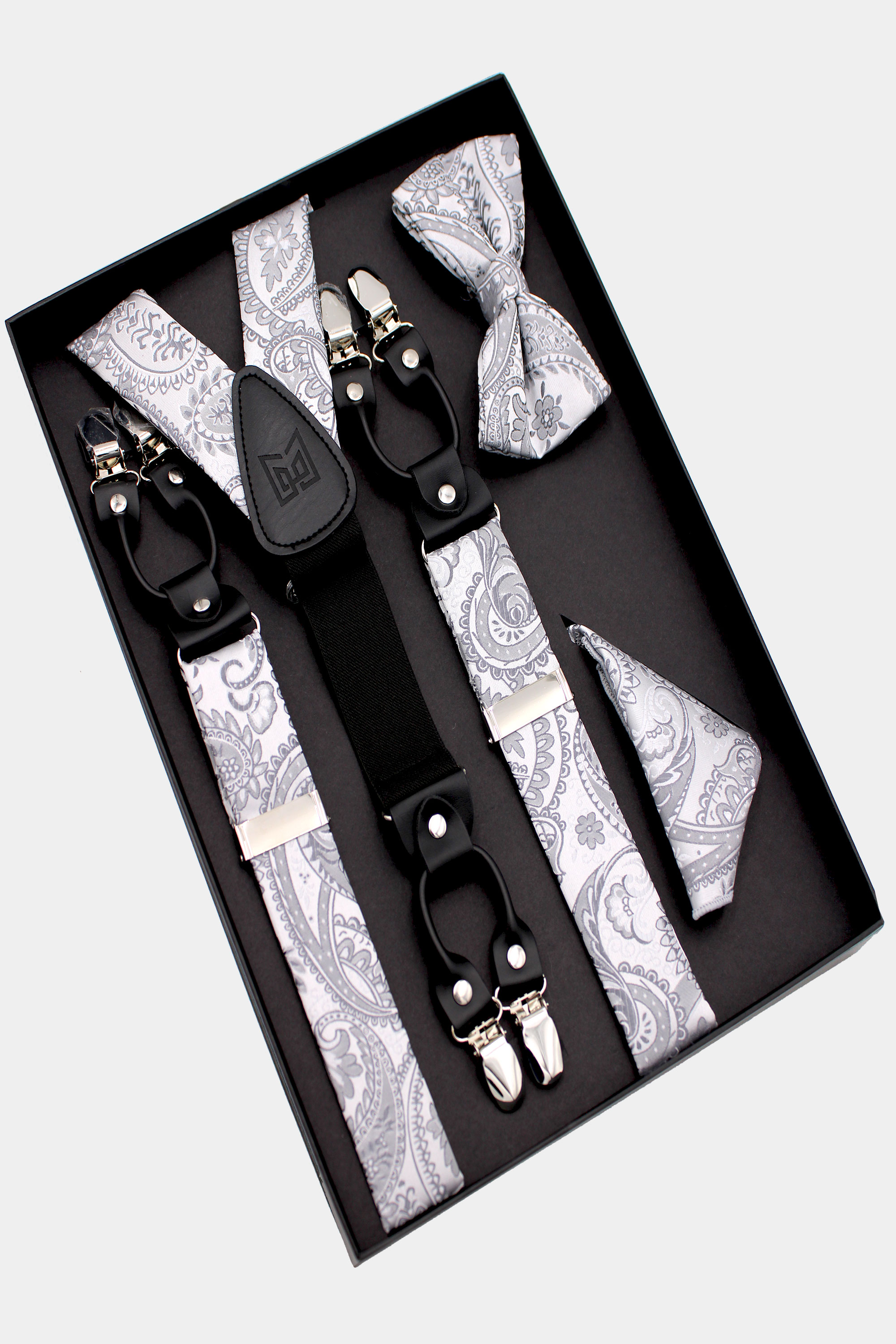Silver Paisley Bow Tie & Suspenders Set - 3 Piece