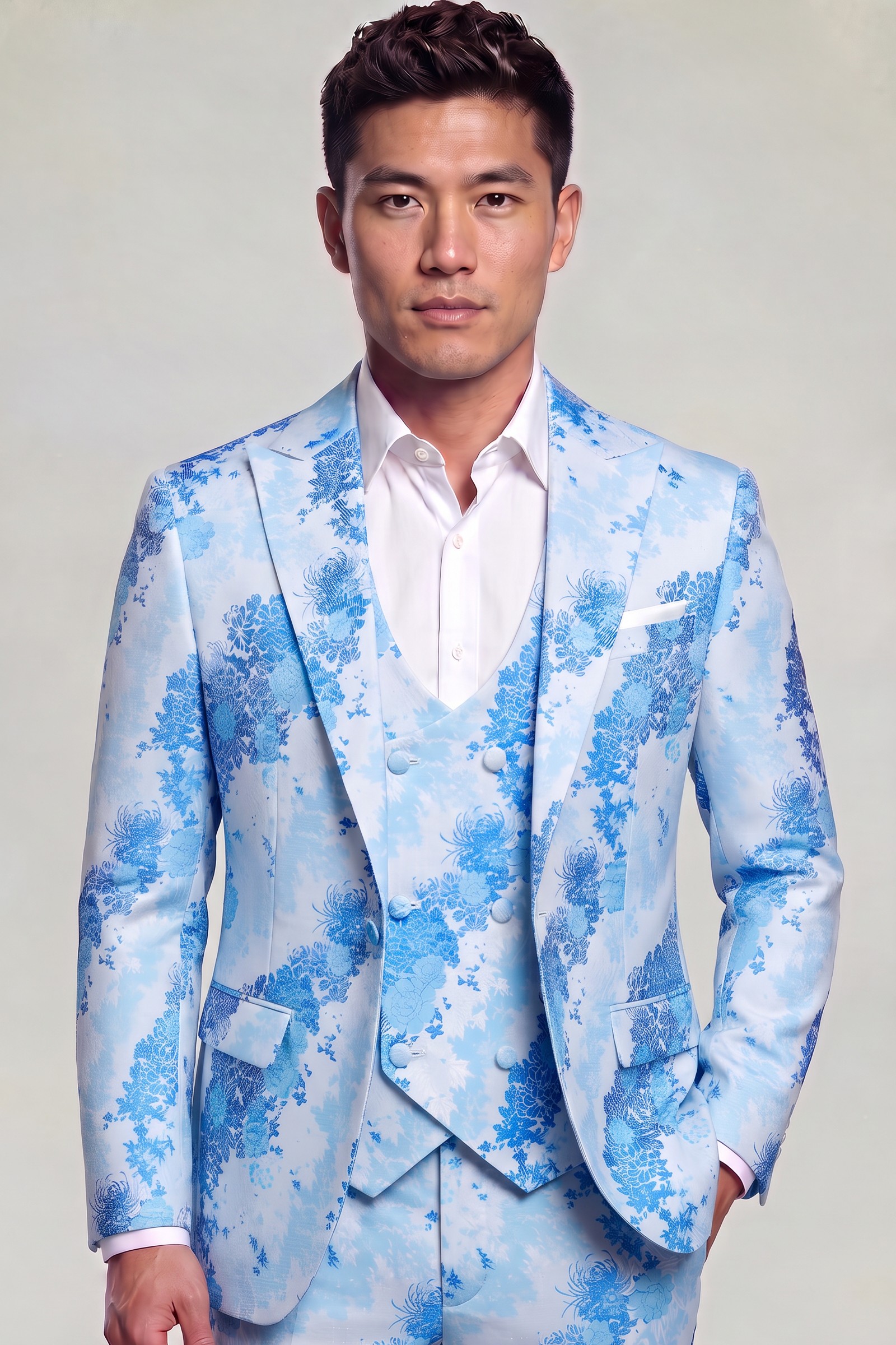 Asian model wearing a light blue floral three-piece suit with matching trousers