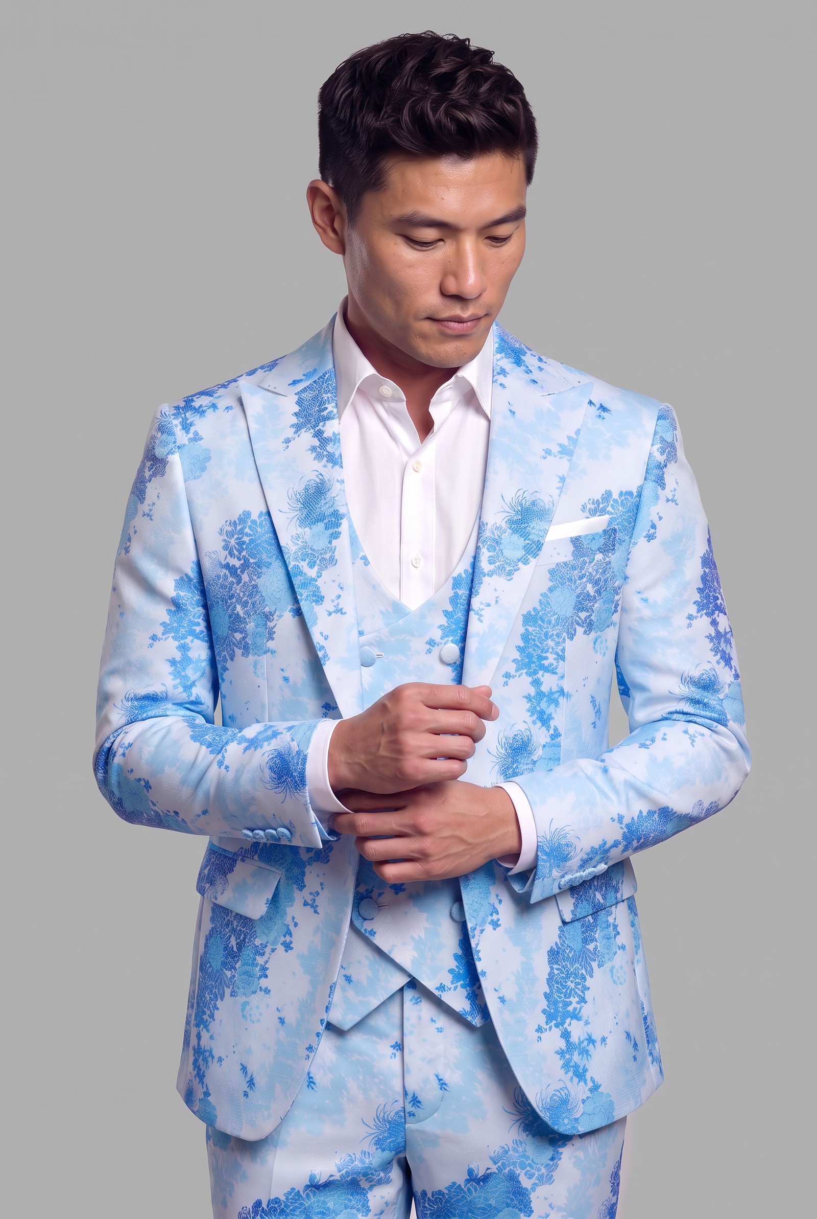 Light blue floral suit with wide notch lapels, model adjusting his shirt cuff