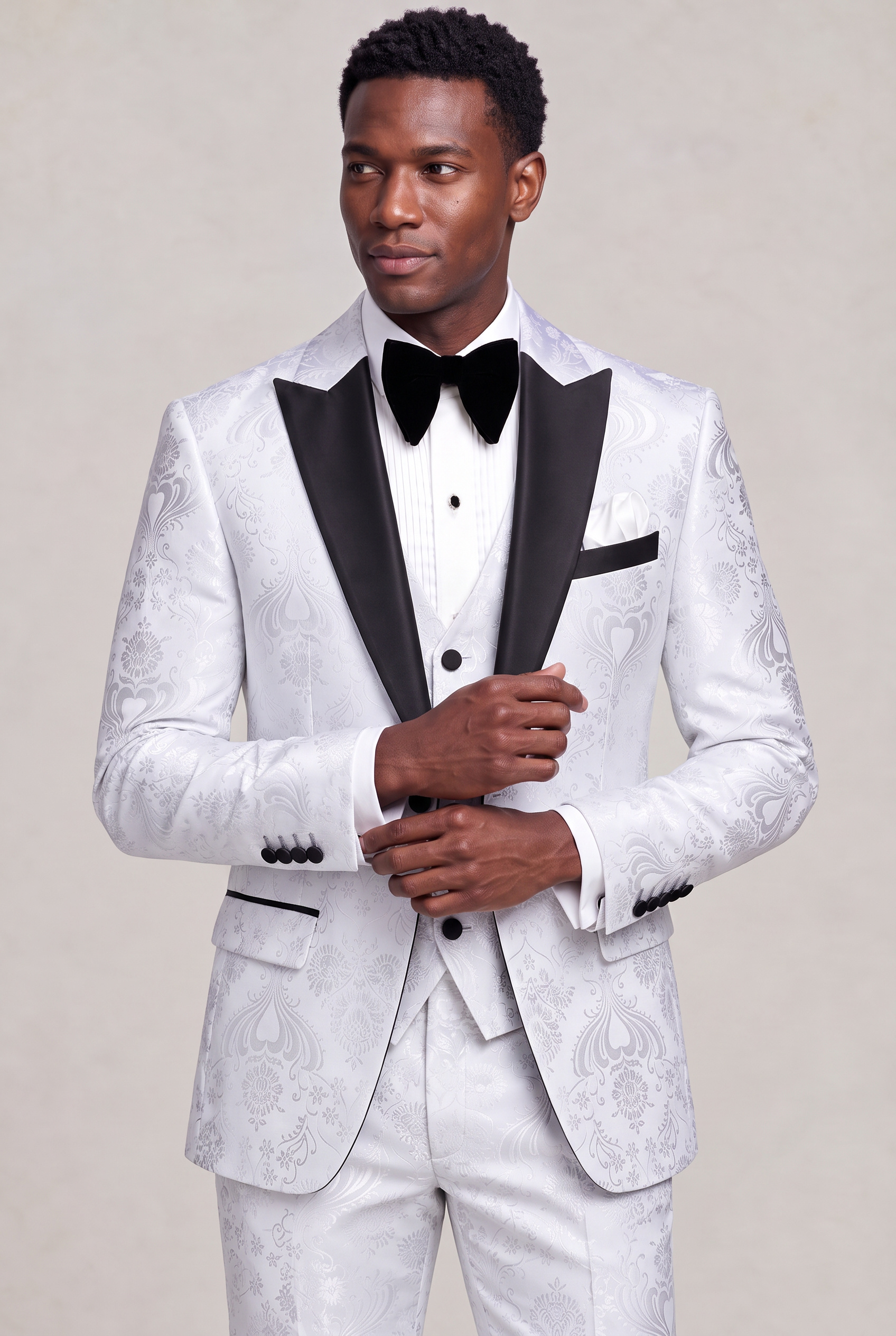 White and Silver Tuxedo Matching Trousers Cuff Styling Portrait from Gentlemansguru.com