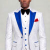 Front view of the white floral three-piece tuxedo with royal blue lapels and matching white trousers from Gentleman's Guru