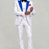 Full-body view of a model looking down and adjusting his cuff in the white floral suit with blue lapels from Gentleman's Guru
