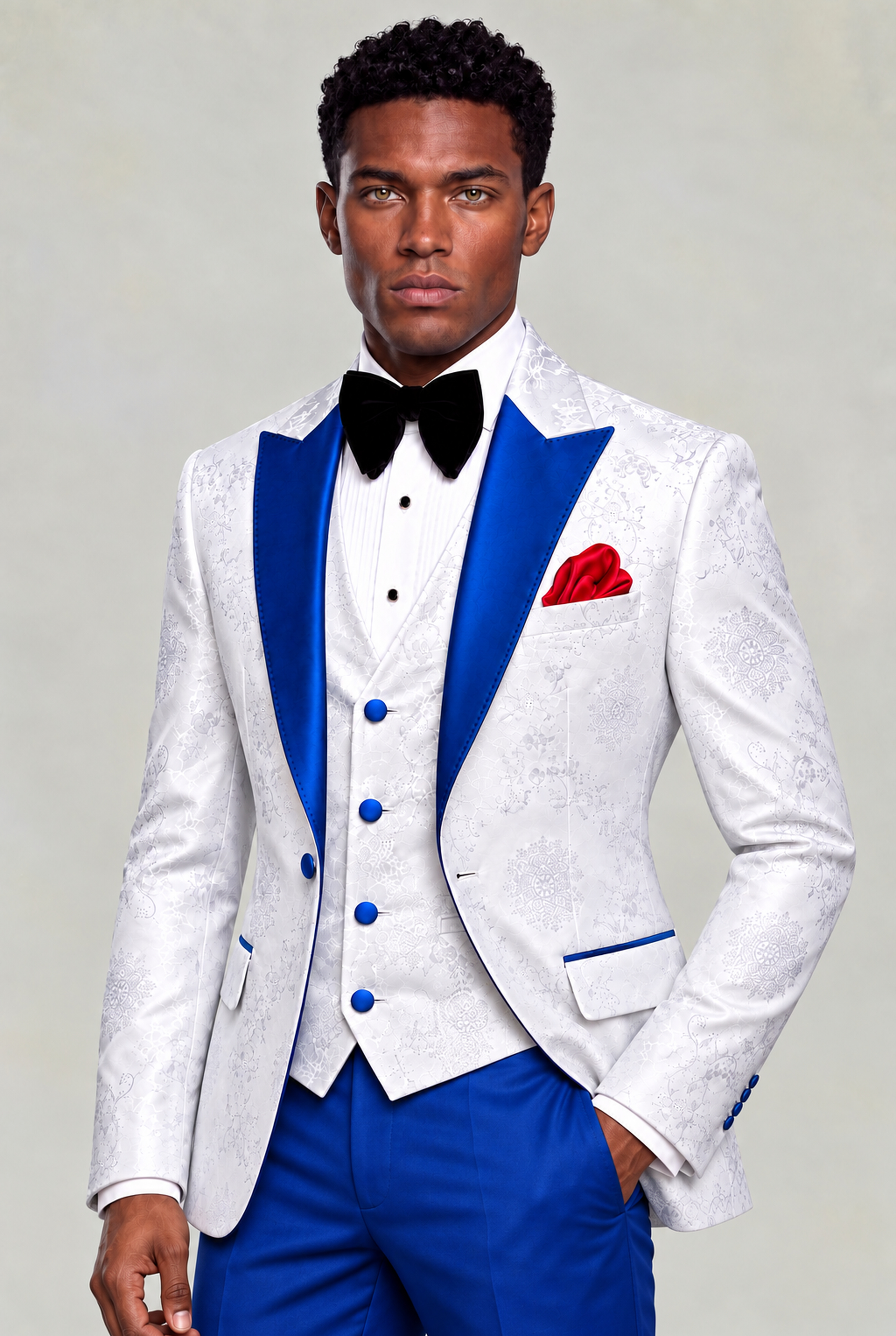Three-quarter view of a white floral tuxedo jacket and vest paired with solid royal blue trousers from Gentleman's Guru