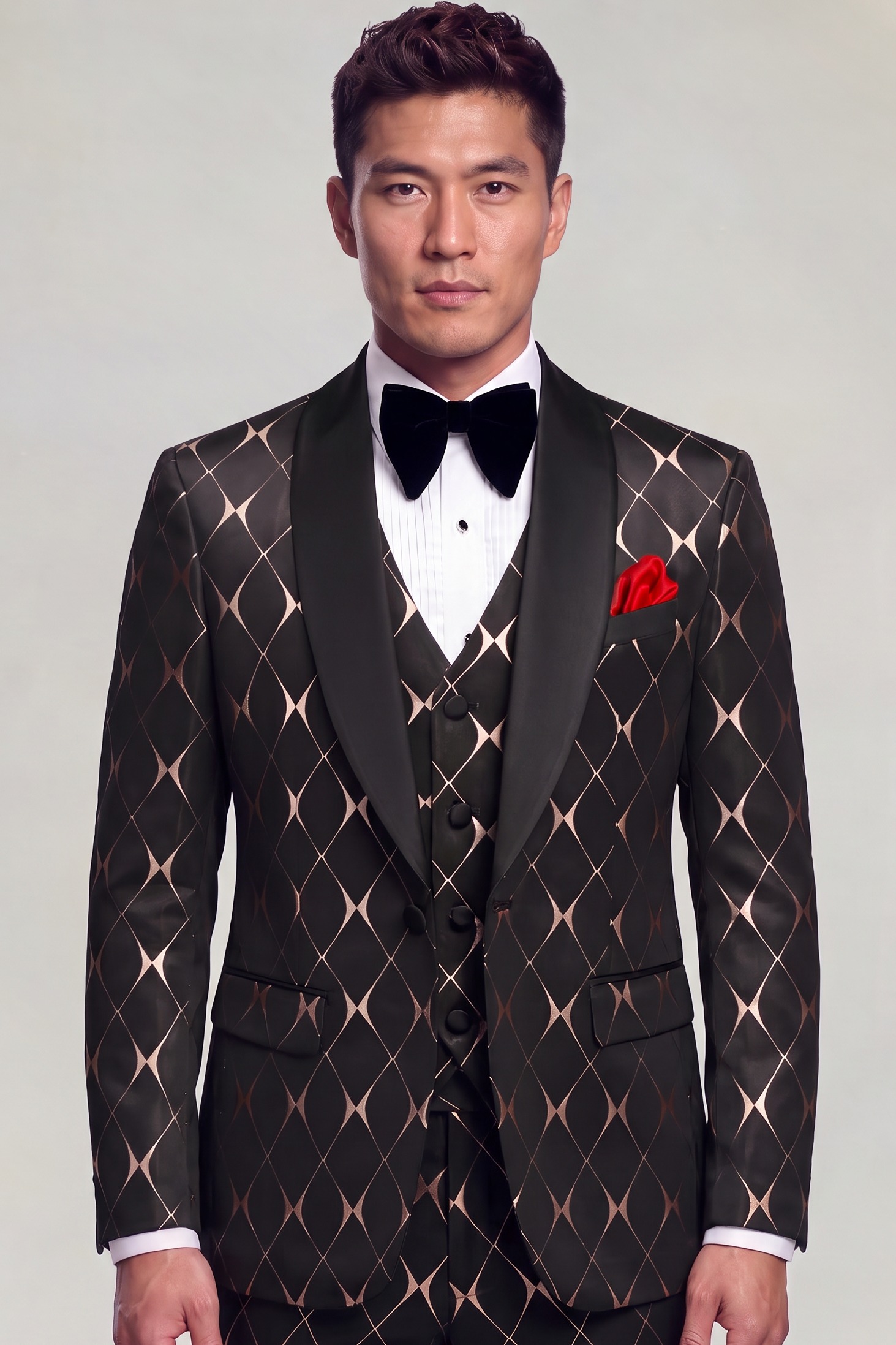 Jacket-length portrait of a black and rose gold three-piece tuxedo with black satin shawl lapels and a matching four-button vest