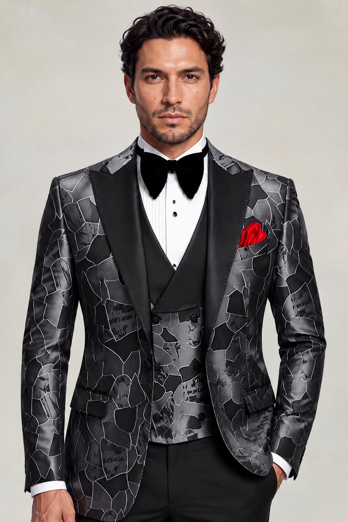 Grey and black tuxedo with broad notched lapels and six-button vest