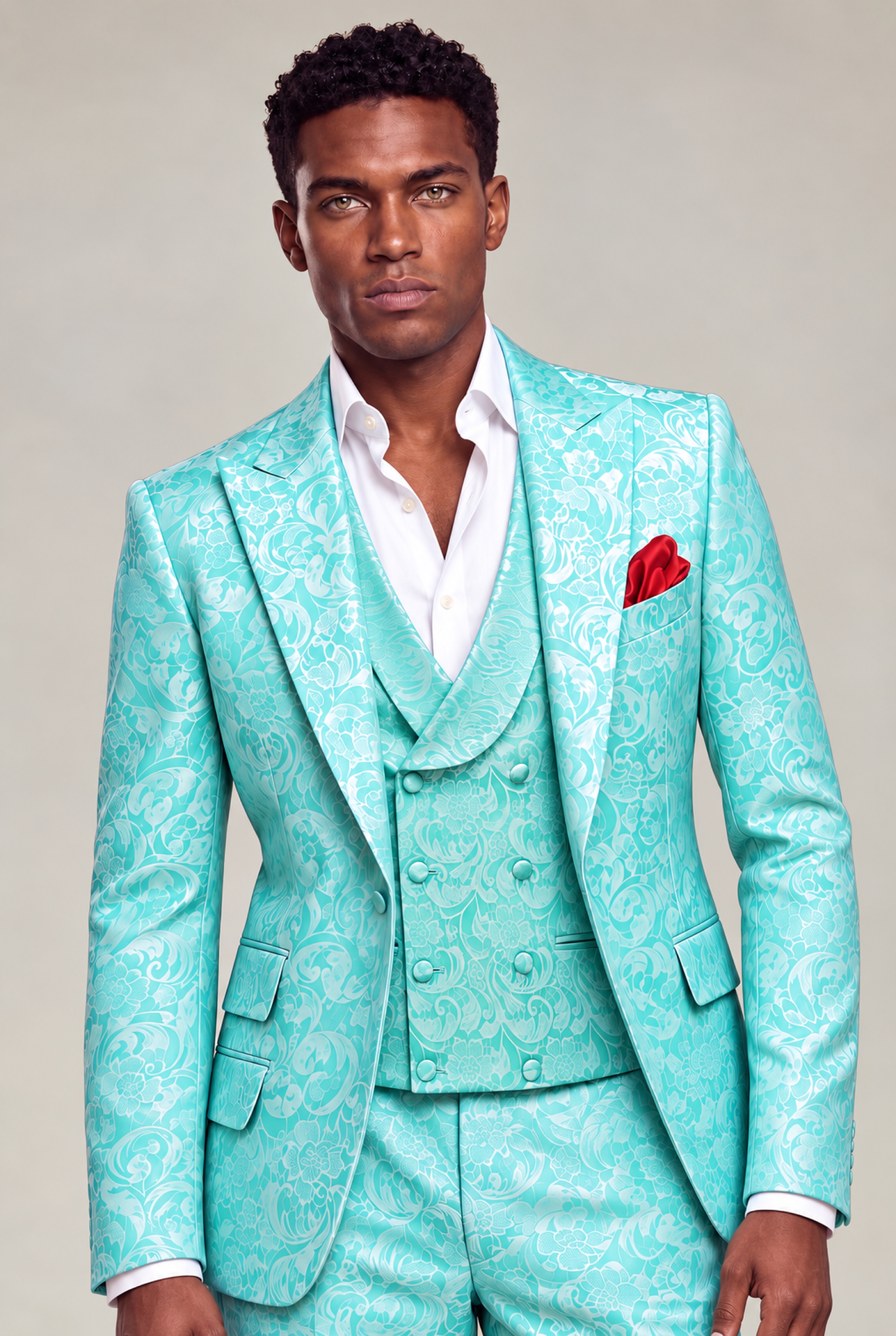 Front view of a model wearing the turquoise floral jacket, vest and matching trousers from Gentleman’s Guru