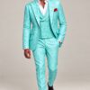 Full-length front walking view of the turquoise floral three-piece suit and shoes from Gentleman’s Guru