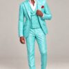 Model styling the lapel of a turquoise floral jacket over its matching vest from Gentleman’s Guru