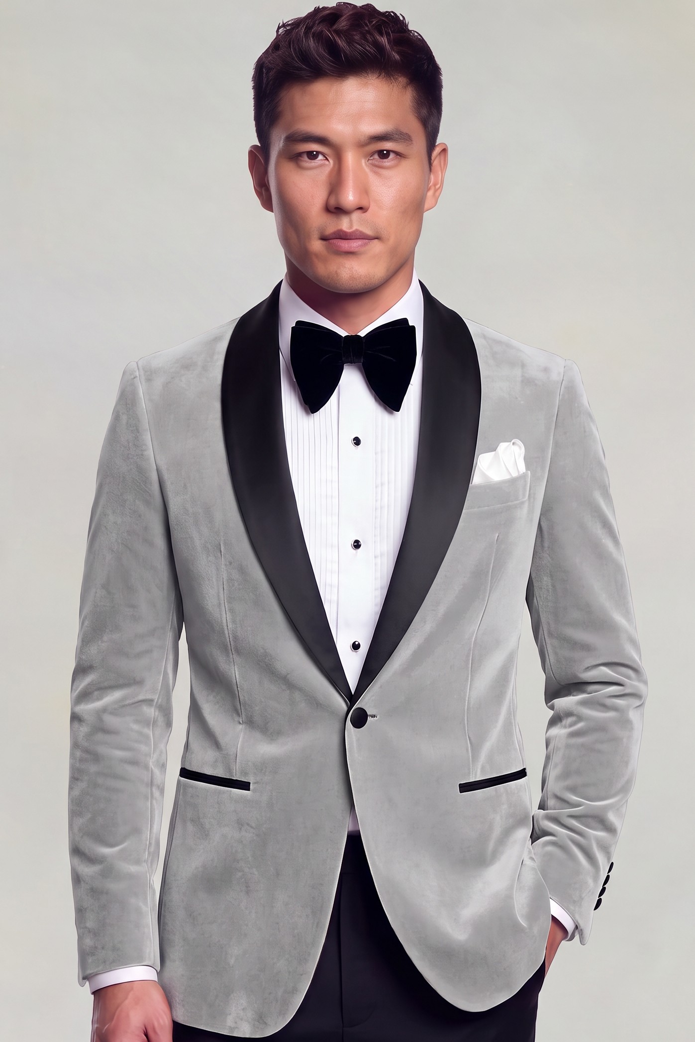 Man wearing a light-grey velvet tuxedo jacket with a wide black shawl lapel