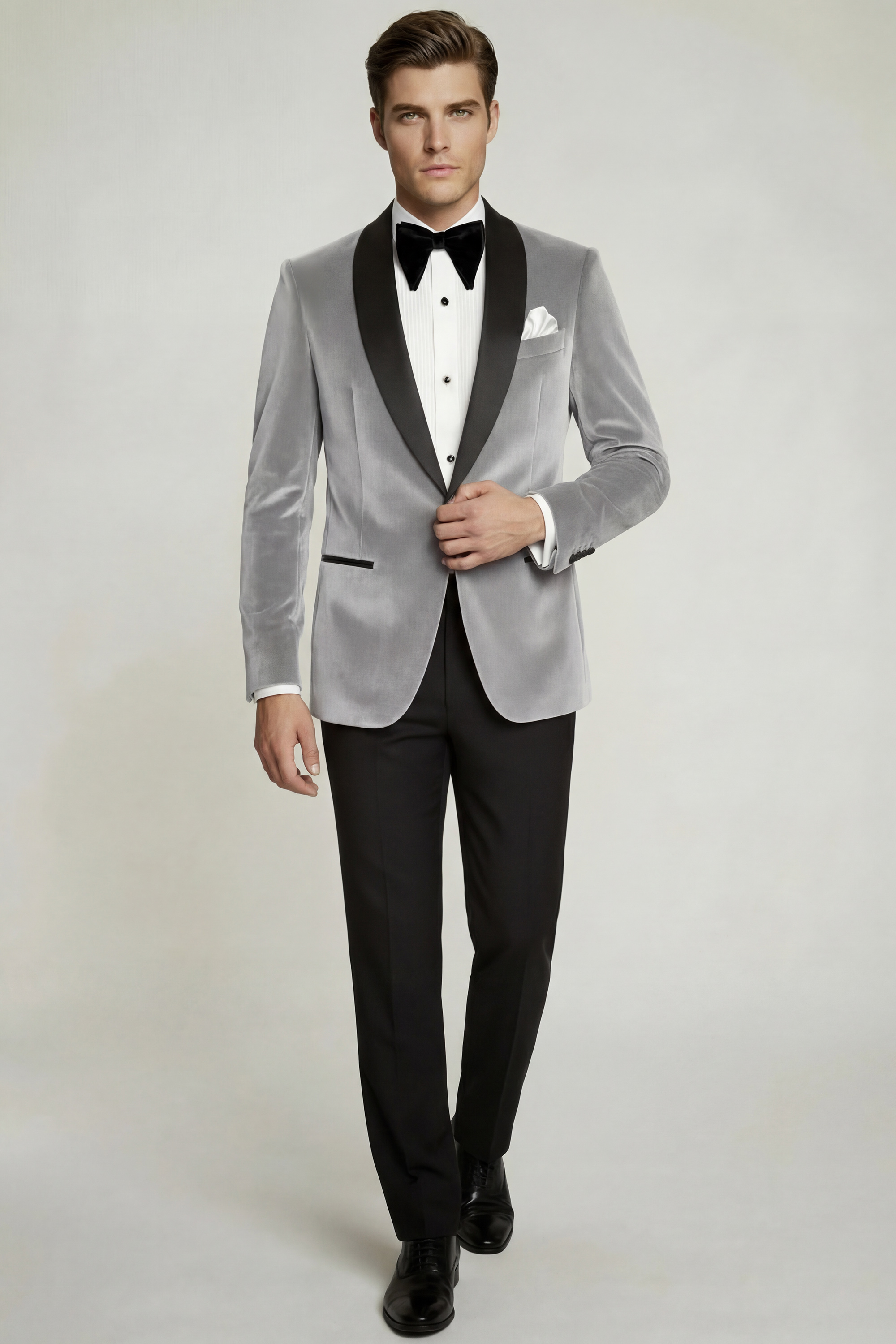 Mens-Light-Grey-Velvet-Wedding-Tuxedo-Suit-Red-Carpet-from-Gentlemansguru.com