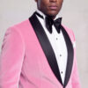 Close-up of the black shawl lapel on a men's light pink velvet tuxedo jacket — Gentleman's Guru