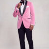 Men's light pink velvet tuxedo jacket, full-body bow-tie pose — Gentleman's Guru