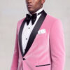 Men's light pink velvet tuxedo jacket with black shawl lapel and white pocket square — Gentleman's Guru