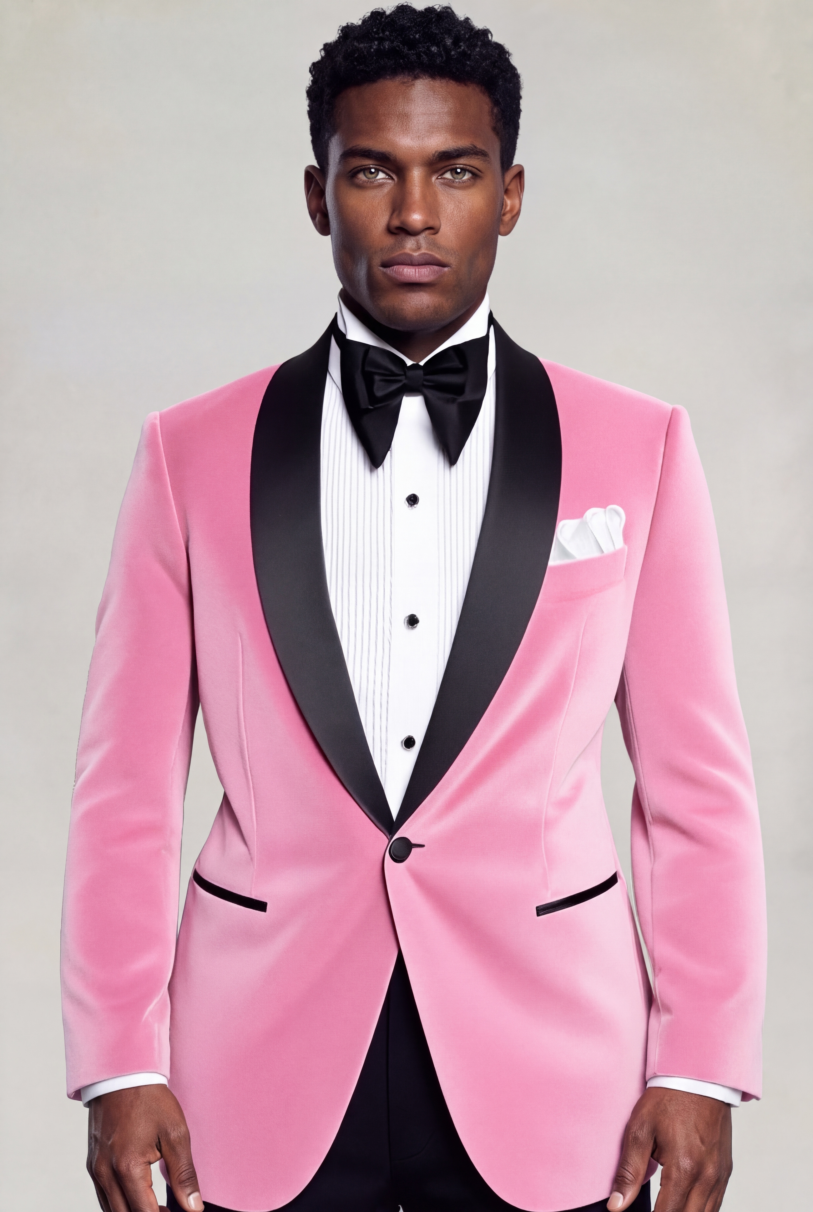 Men's light pink velvet tuxedo jacket with black shawl lapels and bow tie — Gentleman's Guru