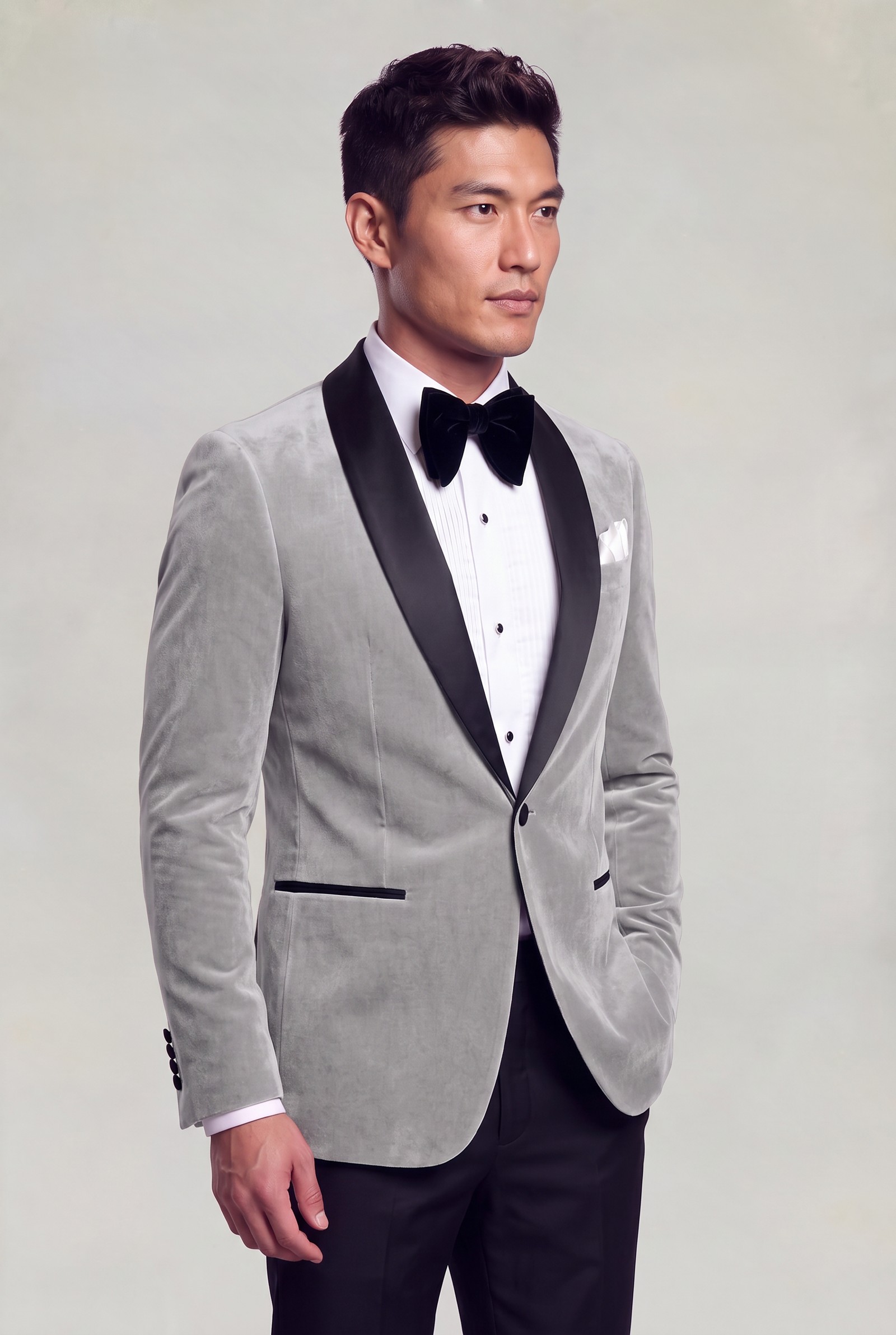 Side view of a silver-grey velvet dinner jacket with black satin lapels