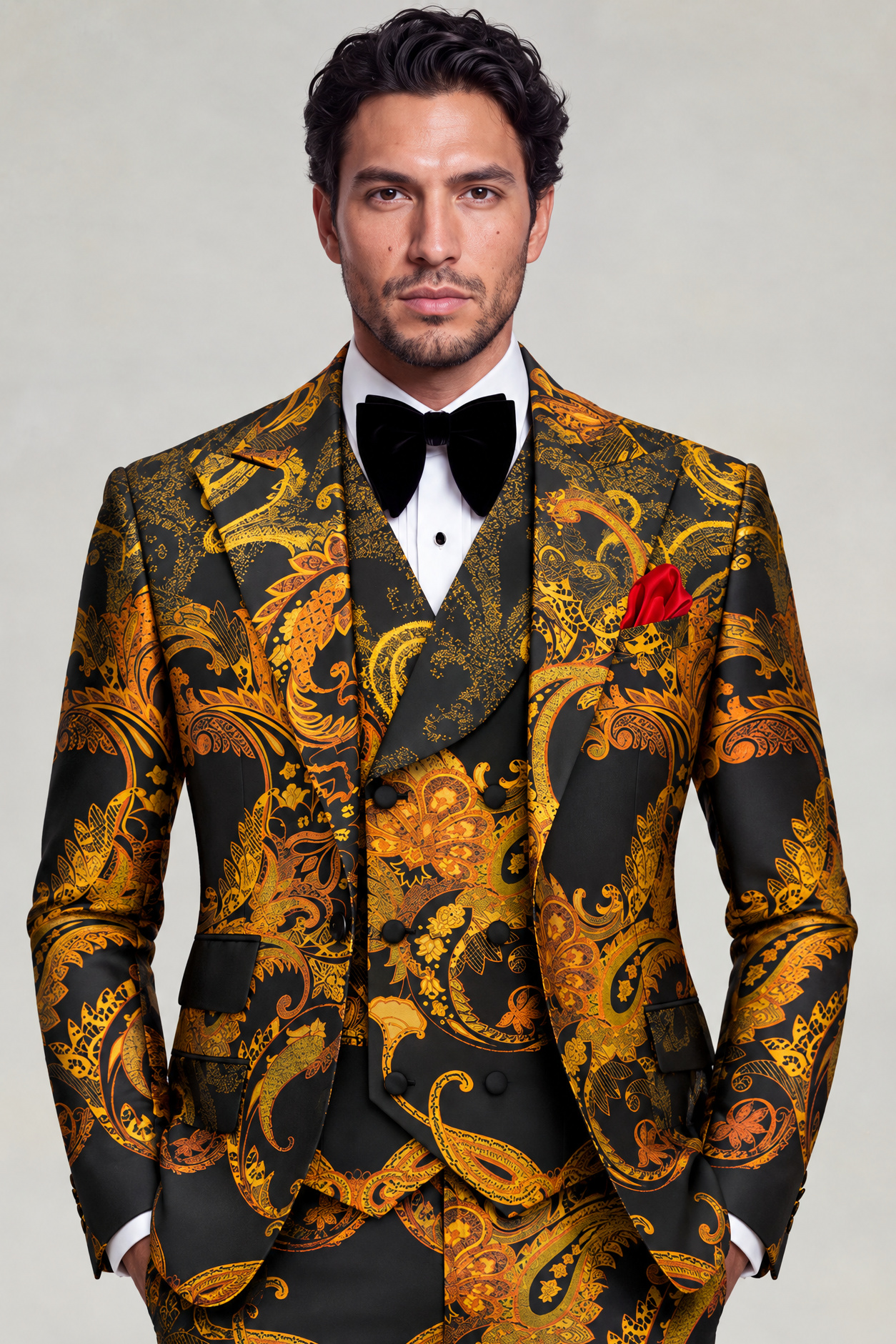 Black and Orange Suit Matching Trousers Jacket Length Portrait from Gentlemansguru.com
