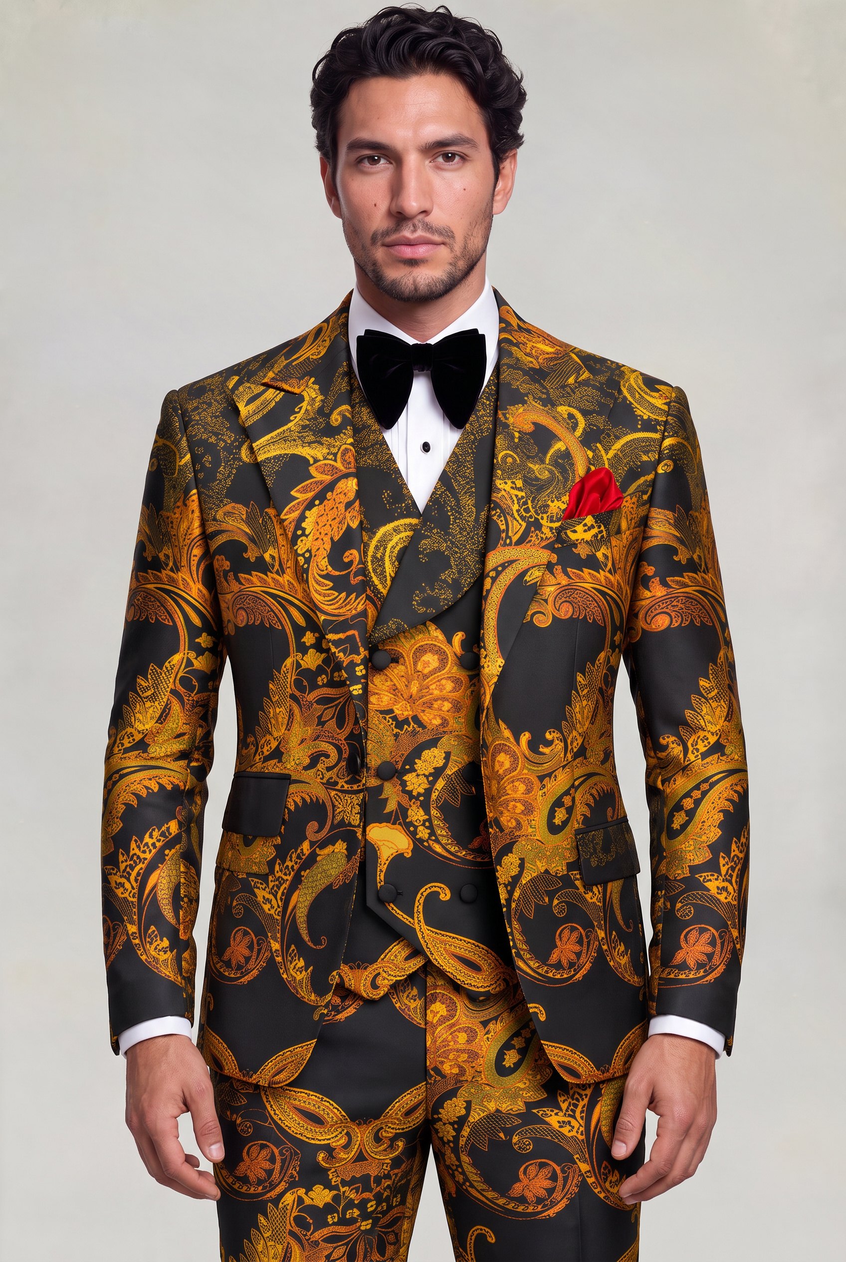 Black and Orange Suit Notched Lapel and Six Button Waistcoat Detail from Gentlemansguru.com